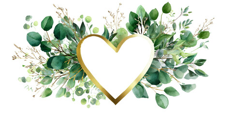 Heart-shaped leaf frame. Watercolor floral wreath made of green foliage and eucalyptus branches. PNG clipart on transparent background.