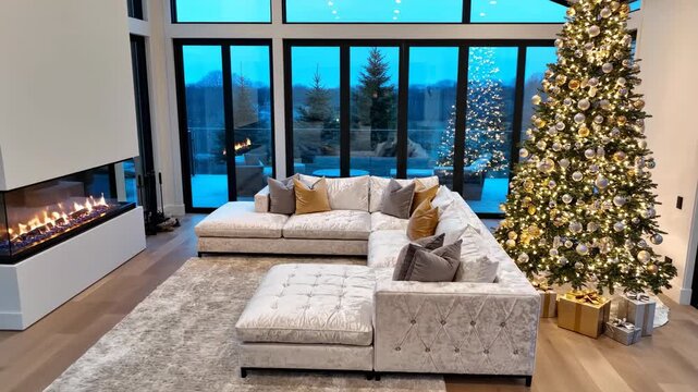 A spacious modern living room interior featuring a stylish contemporary sofa and minimalist decor for a comfortable home atmosphere
