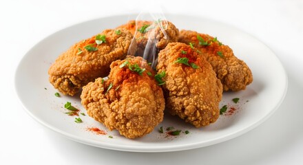 Crispy fried chicken wings with sauce and herbs isolated on white background