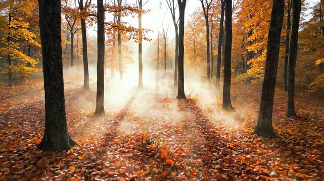 Elevated wide shot of thick swirling fog hovering over a ground blanketed in vibrant orange and red fall leaves deep within a silent autumnal forest autumn, environment, leaves