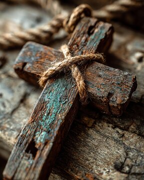 An intricate wooden cross tied with twine, resting on a natural wooden surface. This rustic piece symbolizes faith and spirituality, perfect for religious or inspirational themes.