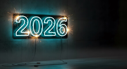 Neon sign displaying year 2026 with sparkling fireworks on dark concrete wall futuristic new year concept