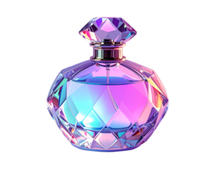 Luxury Holographic Perfume Bottle with Faceted Design and Diamond Stopper PNG.