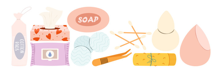 Cosmetic Products Icons Set. Colorful symbols with lipstick, mascara, moisturizer, eye shadow palette, and serum. Beauty and makeup