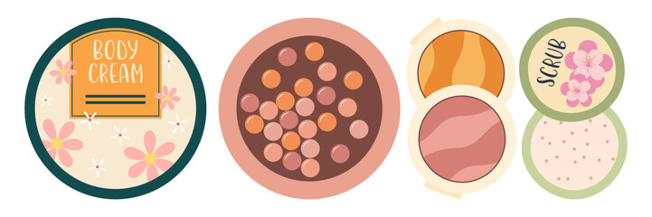 Cosmetic Products Icons Set. Colorful symbols with lipstick, mascara, moisturizer, eye shadow palette, and serum. Beauty and makeup