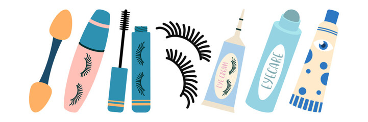 Cosmetic Products Icons Set. Colorful symbols with lipstick, mascara, moisturizer, eye shadow palette, and serum. Beauty and makeup