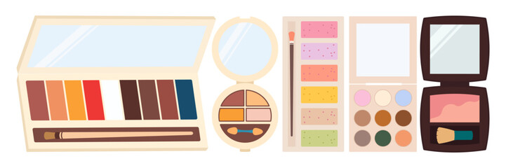 Cosmetic Products Icons Set. Colorful symbols with lipstick, mascara, moisturizer, eye shadow palette, and serum. Beauty and makeup