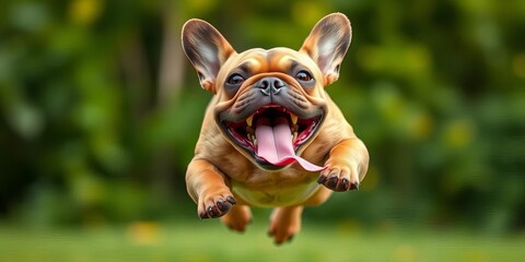 Playful French Bulldog with an open mouth and lolling tongue, captured mid-jump, showcasing its muscular build and characteristic features,  domestic,  playful