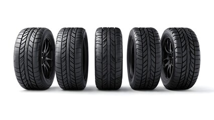 Row of New Car Tires with Rims on a White Background