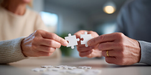 Close-up of elderly couple holding and connecting white puzzle pieces symbolizing teamwork and problem solving at home