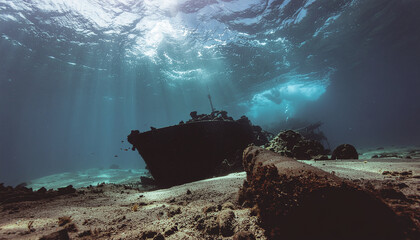Dramatic underwater landscape featuring a partially sunken shipwreck bathed in ethereal light rays, revealing a vast and mysterious deep-sea environment, perfect for adventure and exploration.