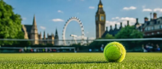 Green grass tennis court with a single tennis ball, perfect for coaching materials, sports club flyers, or fitness-related visual content.