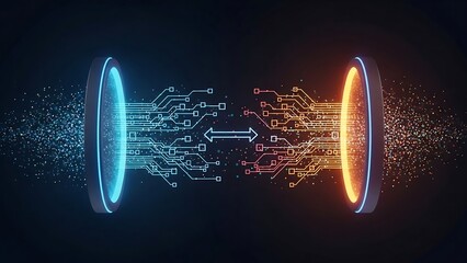 Futuristic Data Transfer Concept with Circuit Board and Portals.