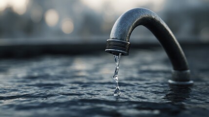Water flowing from a chrome faucet into a tranquil pool, showcasing reflections and a serene atmosphere in nature's setting