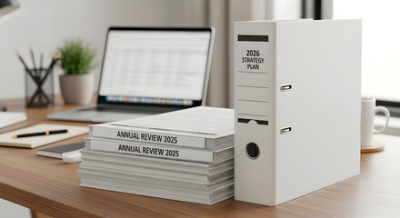 Clean office desk with annual review files, 2026 strategy plan binder, laptop, and plant