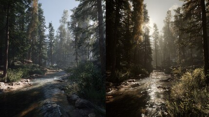 Obraz premium Serene Forest Stream with Gentle Light Filtering Through Lush Trees and Sparkling Water Reflection in Nature Landscape