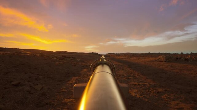 Oil and Gas Pipeline in Desert Landscape at Sunset, Energy Transport, Infrastructure, and Fossil Fuel Industry