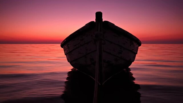 Empty weathered wooden rowboat anchored near the shore, casting a perfect silhouette against the deep crimson and magenta twilight sky shot, dusk, atmospheric