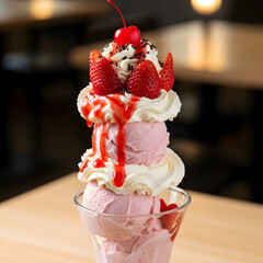 Tasty cold sweet dessert food featuring strawberry and chocolate ice cream with fresh fruit