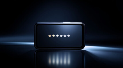 Smartphone displaying a five-star rating with one star highlighted in gold on a dark reflective surface with blue light beams