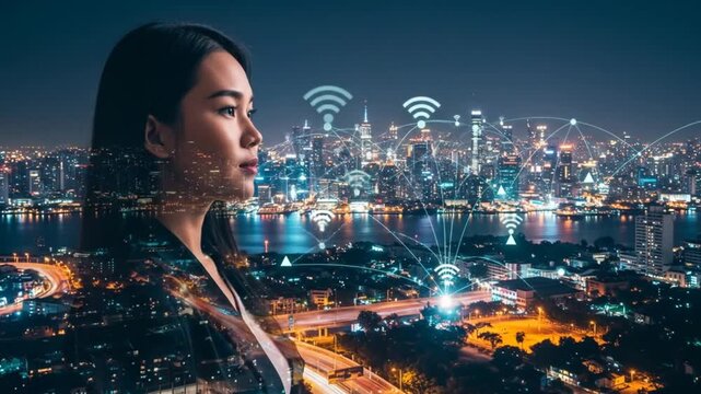 An Asian woman's profile is superimposed over a night city with WiFi symbols connecting buildings, illustrating technology integration