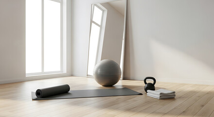 Minimalist home gym with exercise mat, stability ball, kettlebell, and towels for fitness workout