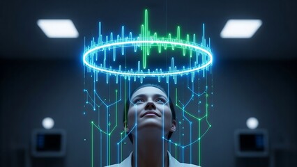 Futuristic Technology Concept - Woman with Digital Interface and Soundwave Halo.