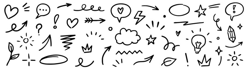 Hand Drawn Doodle Elements with Arrows, Stars, and Hearts