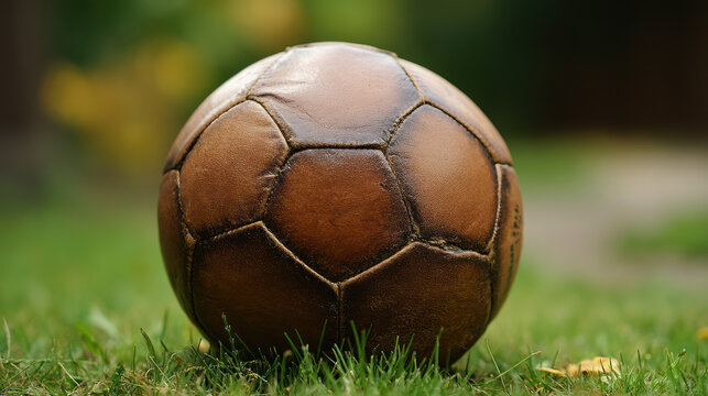 A worn leather soccer ball rests on vibrant green grass in a park setting, suggesting a history of play and a love for the game du a leisurely afternoon.