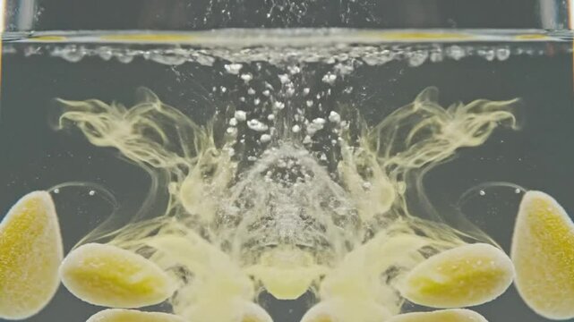 Gummy candies dissolving underwater in slow motion creating abstract art with bubbles, yellow liquid.