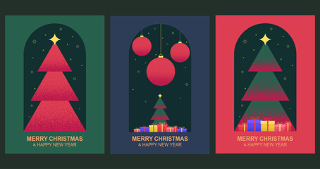 Merry Christmas and Happy New Year greeting card set. Minimalist Christmas banner design with a New Year tree, baubles, and gifts. © Ramcreative