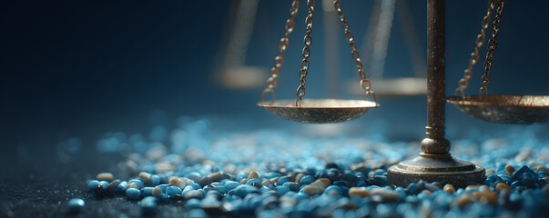 Symbolic image shows justice scales and pills against a digital blue background. Represents legal matters in healthcare and pharma industry.