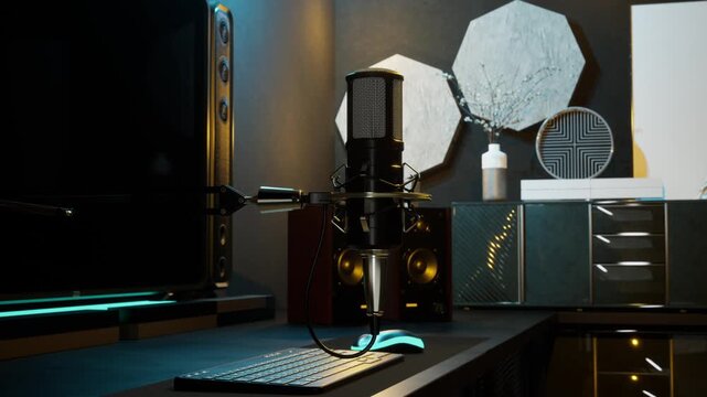 Professional Microphone and Modern Streaming, Podcasting Desk Setup with Speakers and Monitor in Dark Room