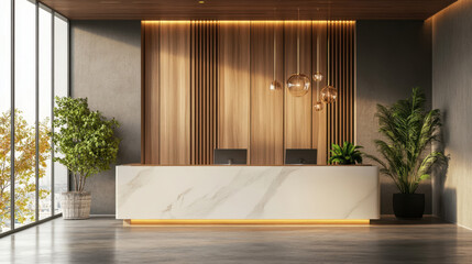 Real estate office reception counter mockup front interior registration copy space desk design indoor decoration front view decoration three-dimensional