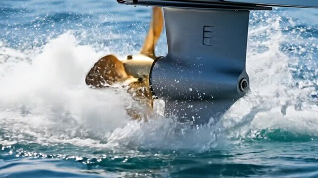 Dynamic view of a boat propeller churning water in motion.