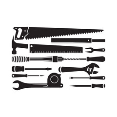 A collection of black silhouette hand tools for various construction tasks