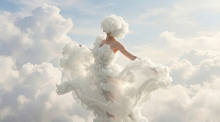 Ethereal Cloud Fashion: Surreal Woman in Flowing Cloud-Like Dress Against Sky.Concept of color of the year 2026 Cloud dancer