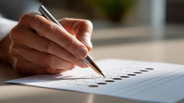 Close-up of hand filling out multiple choice answer sheet with pen in bright indoor setting