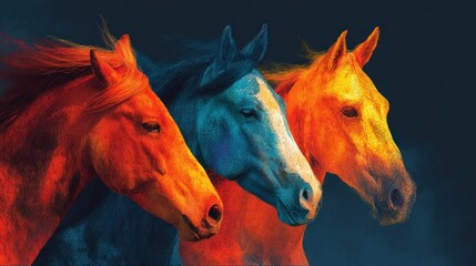 Three colorful horses running with transparent background design