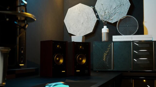 Professional Microphone and Modern Streaming, Podcasting Desk Setup with Speakers and Monitor in Dark Room