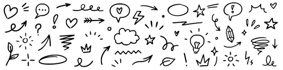 Hand-drawn doodle elements and symbols sketch drawing