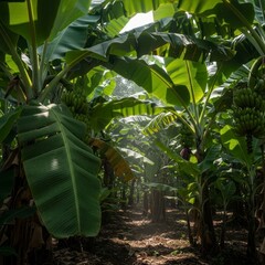 Obraz premium Banana trees with green leaves fruits and sunlight in a tropical environment