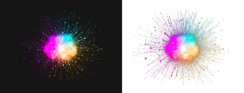 Explosion burst effect radiates from center with particle dispersion demonstrates dynamic motion graphics for video production transition sequence and visual effects composition in multimedia content 