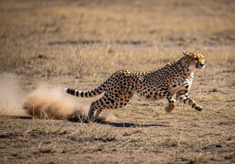 Naklejka premium A cheetah sprints across the dry savanna, kicking up dust as it moves with incredible speed and agility in its natural habitat