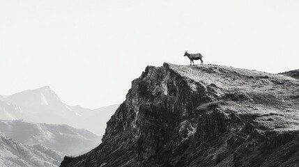 Wild ibex standing on a rugged mountain cliff edge, overlooking distant peaks in a stark black and white landscape.