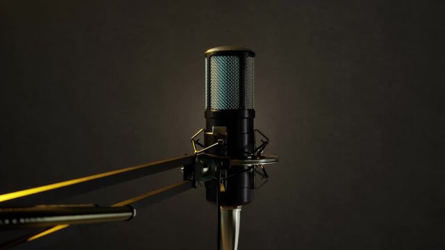 Professional Microphone and Modern Streaming, Podcasting Desk Setup with Speakers and Monitor in Dark Room