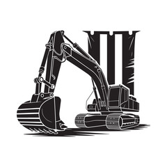 A striking black and white illustration of an excavator and castle towers