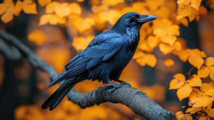 Black bird with subtle blue highlights perched on a tree branch, vibrant orange autumn leaves in soft-focus background.