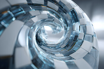 Abstract glass spiral twist with white and blue gradient on 3d background. Render swirl of translucent square plate shapes, vortex flow layer effect. Futuristic technology, data array. 3D illustration