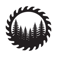 Circular saw blade design featuring a scenic forest silhouette inside
